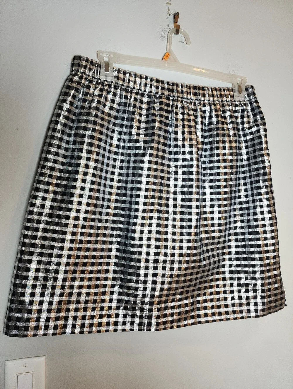 J. Crew Pull-on Shiny Gingham Plaid Skirt Black Silver Pockets Size Large
